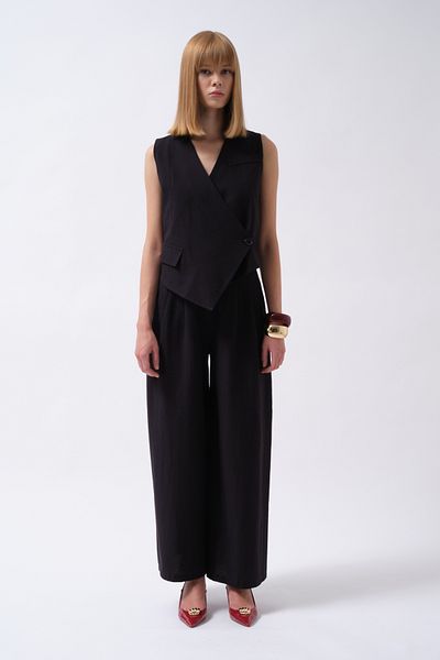 Black Fashion Side Button Asymmetrical Linen Black Vest
