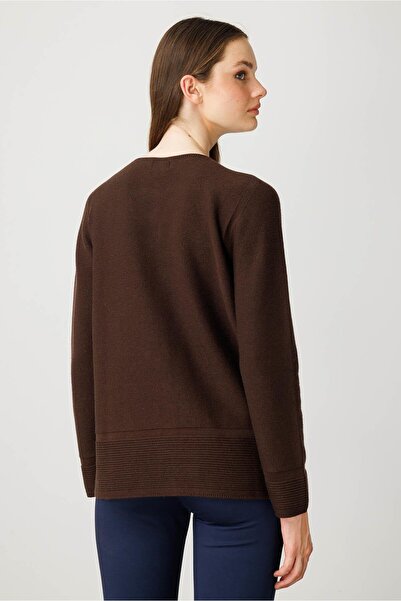 Desen Triko Women's Crew Neck Buttoned Cardigan Brown