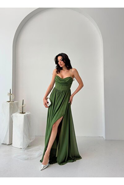 Serica Moda Βραδινό φόρεμα από τούλι σιφόν με λουράκια από καμβά χακί