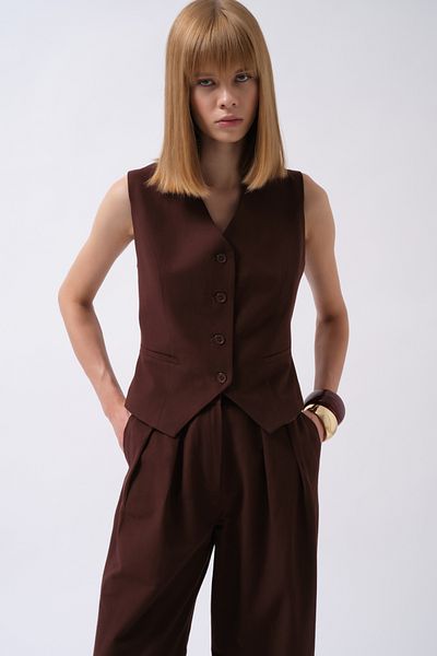 Black Fashion Flato Pocketed Buttoned Brown Vest