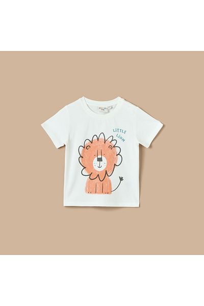 Juniors Lion Print T-shirt with Short Sleeves and Crew Neck