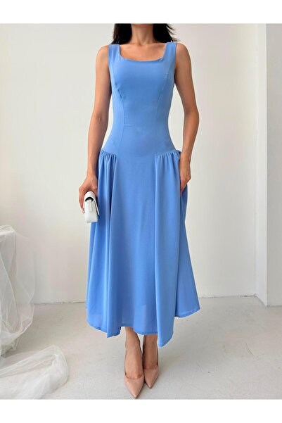 Serica Moda Bebe Mavi Kare Yaka Gipeli Midi Elbise