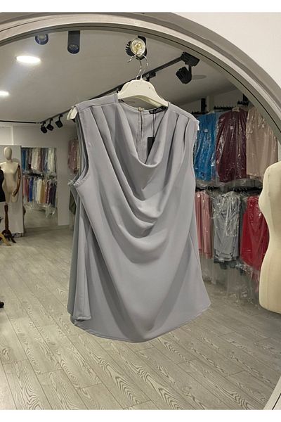 PERA MODA Flowy Degaje Collar No Show Short Zero Sleeve Blouse Shirt