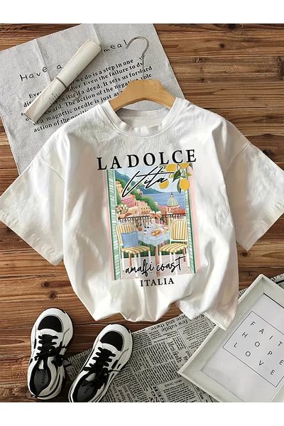 AEMİ Μπλουζάκι Unisex La Dolce Vita με στάμπα Oversize Crew Neck