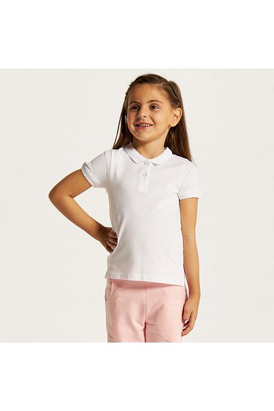 Juniors Solid Polo T-shirt with Scalloped Detail and Short Sleeves