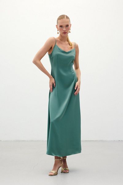 Sateen Long Satin Dress with Straps - Mint