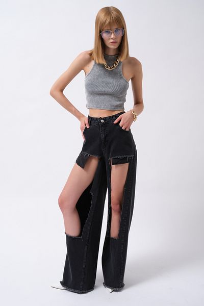 Black Fashion Jean negru cu talie înaltă tăiată cu laser