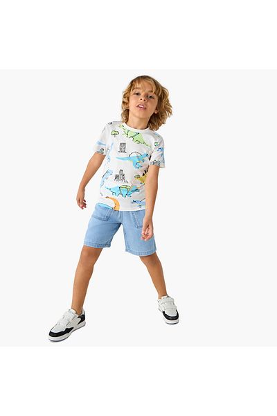 Juniors All-Over Dinosaur Print T-shirt with Crew Neck and Short Sleeves