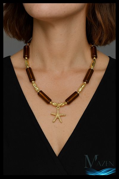 MAZEN Gold Plated Star Detailed Brown Cylindrical Necklace |   Elegant Handmade Design