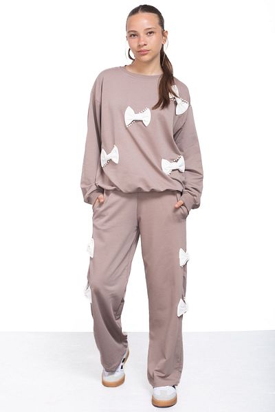 Cansın Mini Brown Bow and Pearl Detailed Girl's Crew Neck 2-Piece Tracksuit Set 21202