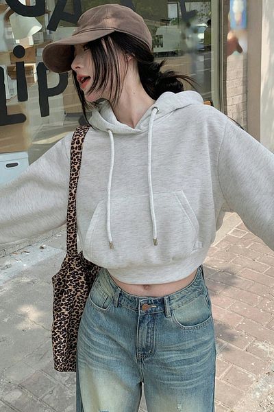 Tarz Cool Women's Gray Basic Crop Cut Hooded Sweatshirt