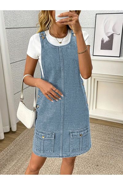 Viyamo Rochie de denim cu detaliu de buzunar, cu bretele, cu decolteu rotund, pentru femei, sezon nou