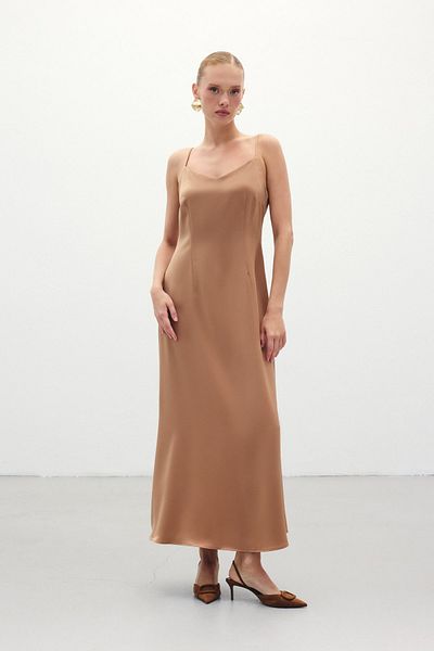 Sateen Long Satin Dress with Straps - Camel