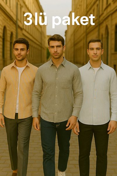 DAMGA JEANS Ανδρικό 3 Pack ριγέ μακρυμάνικο φαρδύ πουκάμισο
