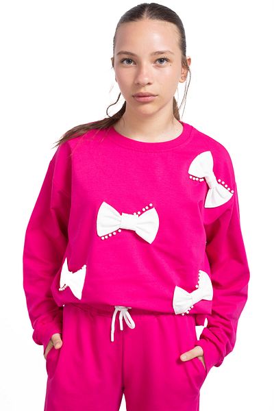 Cansın Mini Fuchsia Bow and Pearl Detailed Girls' Crew Neck 2-Piece Tracksuit Set 21204