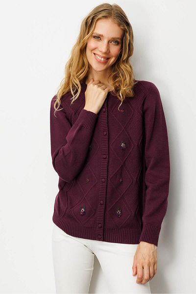 Desen Triko Women's Crew Neck Front Diamond Embroidery Embroidered Cardigan Plum