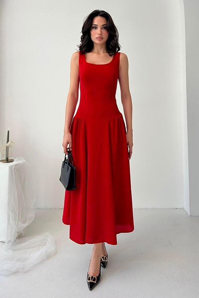 Serica Moda Red Square Neck Gipeli Midi Dress