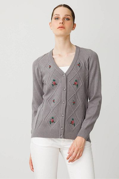 Desen Triko Women's V-Neck Front Diamond Embroidery Embroidered Cardigan Smoked
