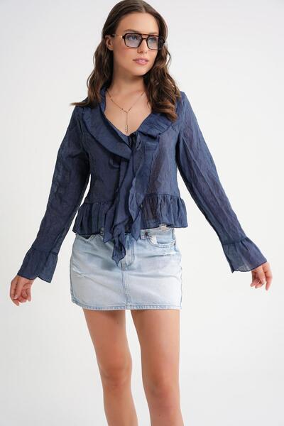 Mixray 4727 Жіноча блуза з коміром-воланом та воланами, темно-синя