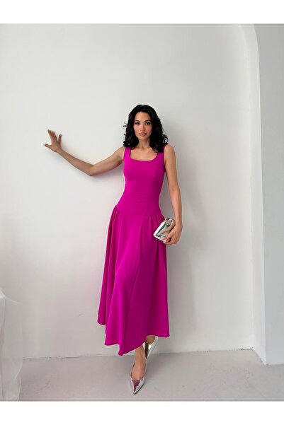 Serica Moda Fuşya Kare Yaka Gipeli Midi Elbise