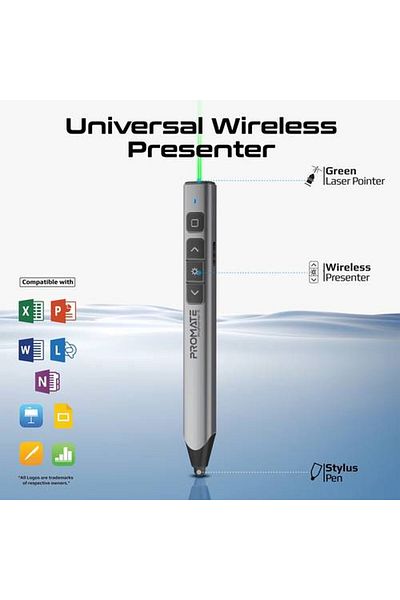 Promate 2-in-1 wireless presentation pointer with built-in pen, equipped with a powerful green laser with a range of up to 200 meters.