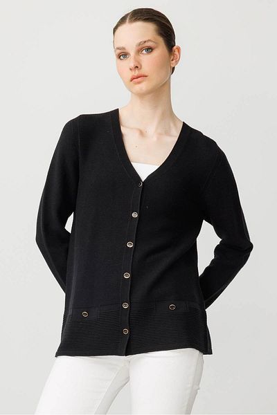 Desen Triko Women's V-Neck Buttoned Cardigan Black
