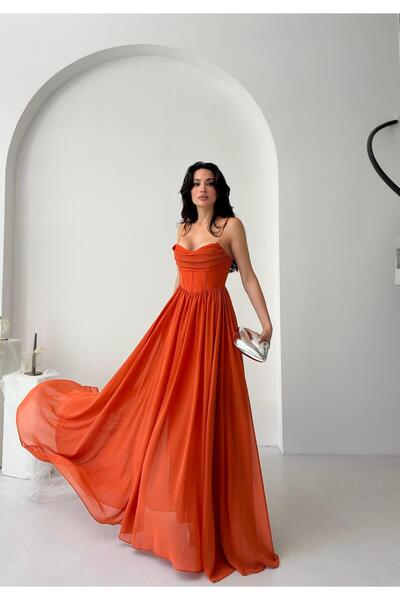 Serica Moda Turuncu İp Askılı Yırtmaçlı Şifon Tül Abiye Elbise