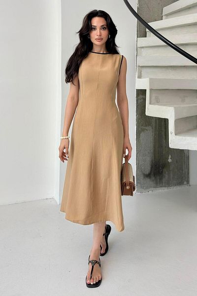 Serica Moda Camel Crew Neck Midi Sleeveless Midi Dress