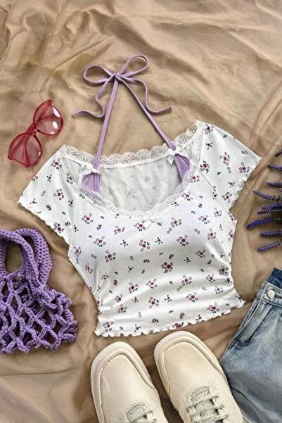 BALİNA Crop cu mâneci scurte Y2K din dantelă liliac cu guler tip Madonna și b...