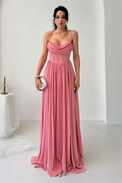 Serica Moda Rochie de seară din tul din șifon cu bretele din pudră