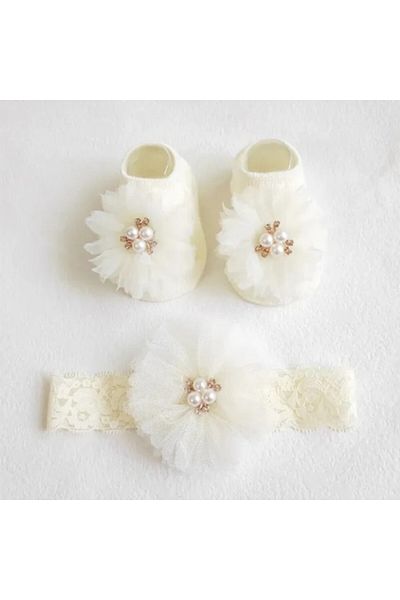KERNOWSUN - Christening Booties and Headband for Girls, 0-4 Months, Cotton, White
