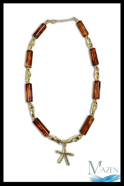 MAZEN Gold Plated Star Detailed Brown Cylindrical Necklace |   Elegant Handmade Design