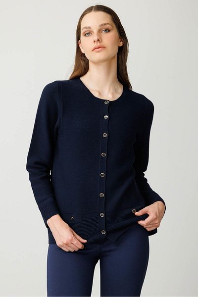 Desen Triko Women's Crew Neck Buttoned Cardigan K.Navy Blue