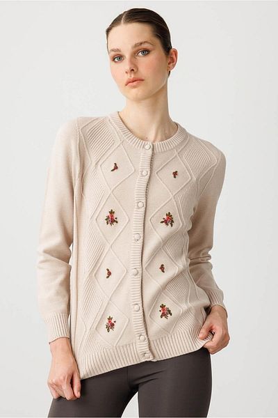 Desen Triko Women's Crew Neck Front Diamond Embroidery Embroidered Cardigan Beige
