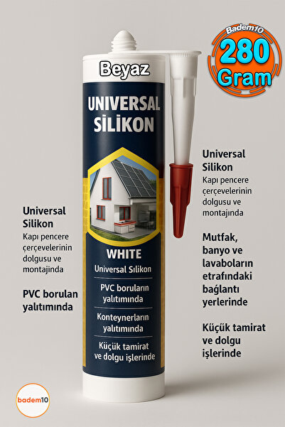 Badem10 Genel Amaçlı Beyaz Universal Silikon 280 ml İç Dış Mekan Kapı Pencere...