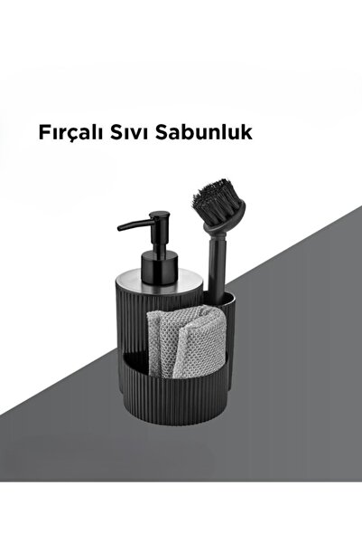 VİALEX Sıvı Sabunluk Seti Siyah Fırçalı Süngerli Mutfak ve Banyo Tezgah Üstü ...