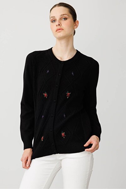Desen Triko Women's Crew Neck Front Diamond Embroidery Embroidered Cardigan Black