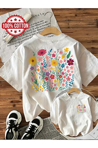 AEMİ Unisex cveće Štampano Oversize kroj okrugla kragna T-shirt