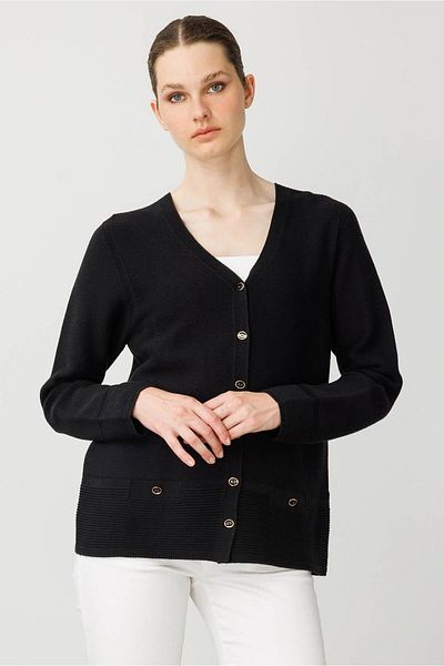 Desen Triko Women's V-Neck Buttoned Cardigan Black