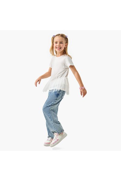 Juniors Solid T-shirt with Side Tulle Detail