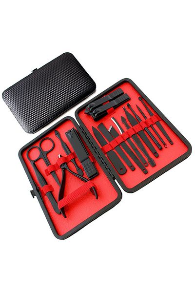 Aptel Set of 16 manicure tools, stand, stainless steel, red