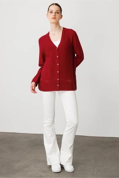 Desen Triko Women's V-Neck Buttoned Cardigan V.Rot
