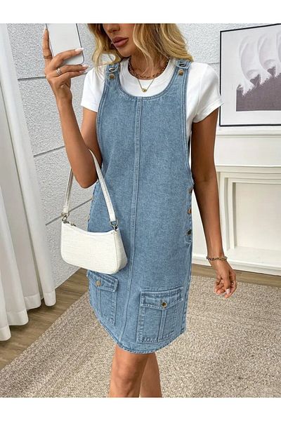 Viyamo Rochie de denim cu detaliu de buzunar, cu bretele, cu decolteu rotund, pentru femei, sezon nou