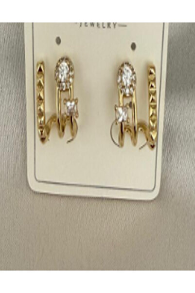 Gold Renk Çoklu Zirkon Taşlı Yarım Halka Küpe