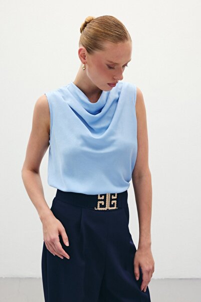 Sateen Degaje Yaka Saten Bluz - Mavi