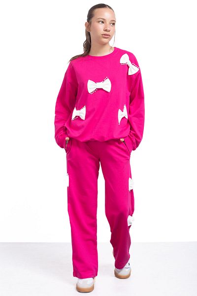 Cansın Mini Fuchsia Bow and Pearl Detailed Girls' Crew Neck 2-Piece Tracksuit Set 21204