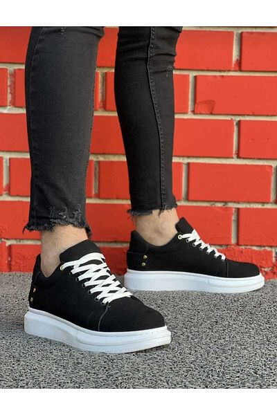 WEBORN Men's Suede Black Sports Casual Shoes High Thick White Sole Lace-up Sneaker
