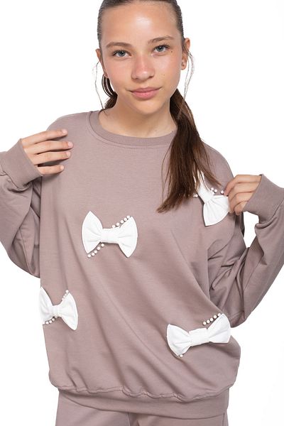 Cansın Mini Brown Bow and Pearl Detailed Girl's Crew Neck 2-Piece Tracksuit Set 21202