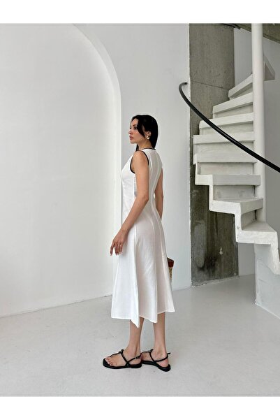 Serica Moda Ecru Crew Neck Midi Sleeveless Midi Dress