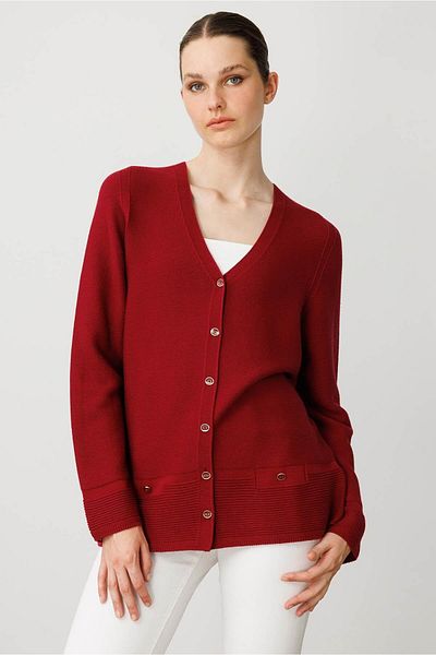 Desen Triko Women's V-Neck Buttoned Cardigan V.Rot